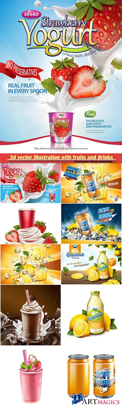 3d vector illustration with fruits and drinks
