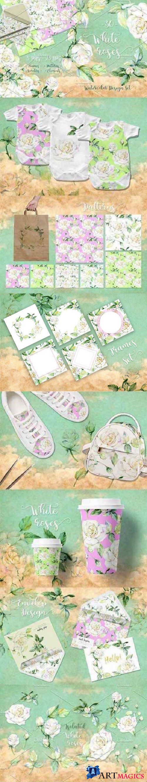 Delicate white roses PNG watercolor set 268254