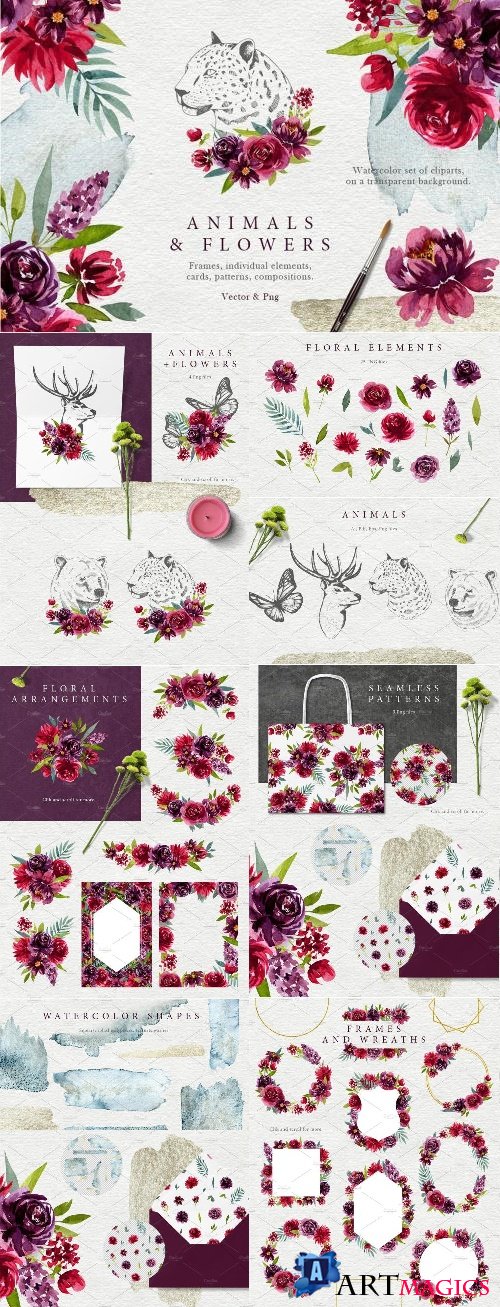 Animals and watercolor flowers - 2688054