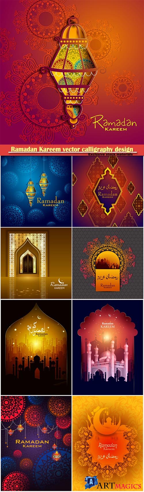 Ramadan Kareem vector calligraphy design with decorative floral pattern, mosque silhouette, crescent and glittering islamic background # 43