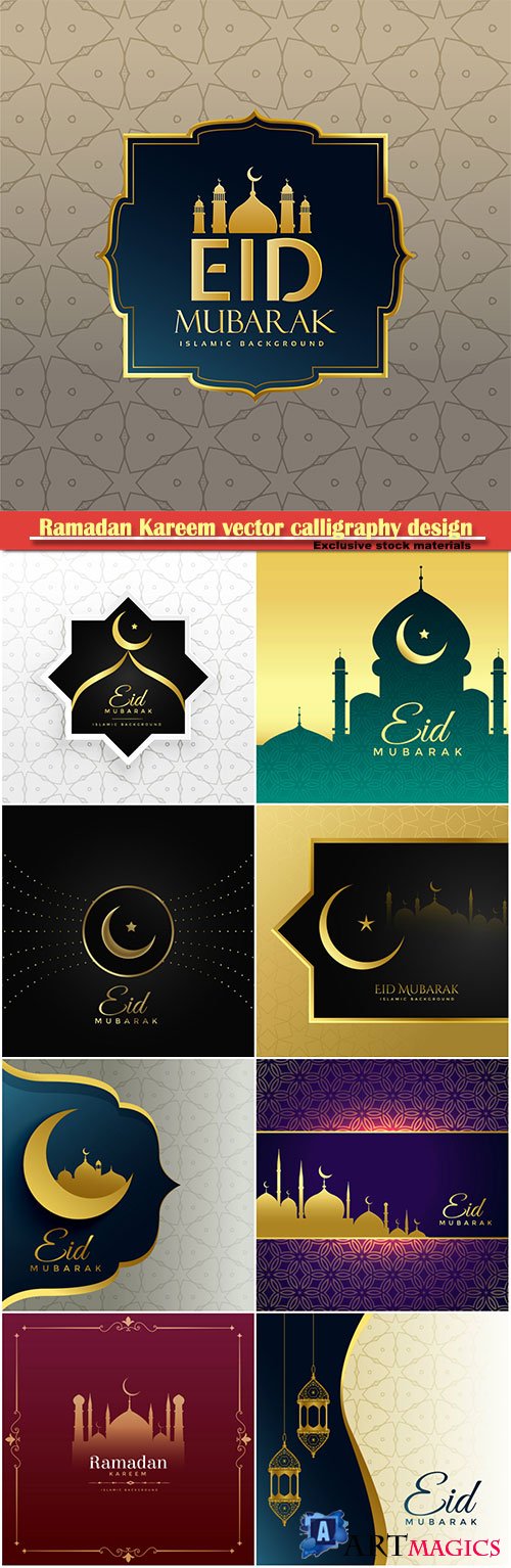 Ramadan Kareem vector calligraphy design with decorative floral pattern, mosque silhouette, crescent and glittering islamic background # 37