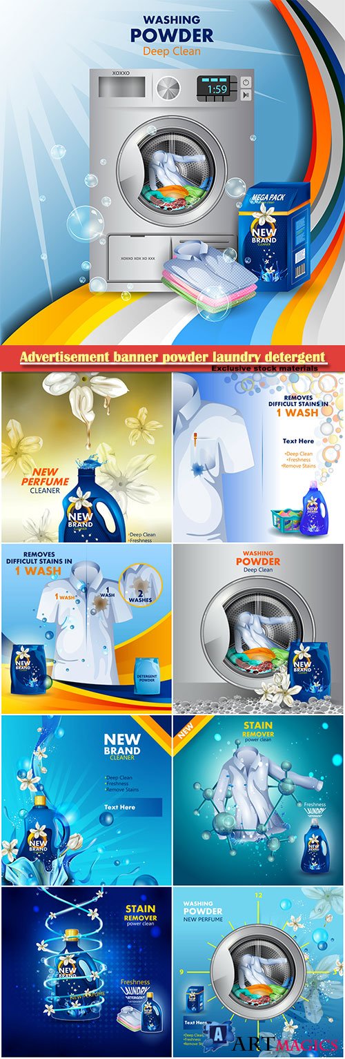 Advertisement banner powder laundry detergent for clean and fresh cloth vector illustration