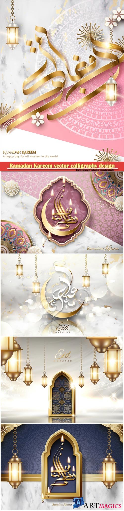 Ramadan Kareem vector calligraphy design with decorative floral pattern, mosque silhouette, crescent and glittering islamic background # 45