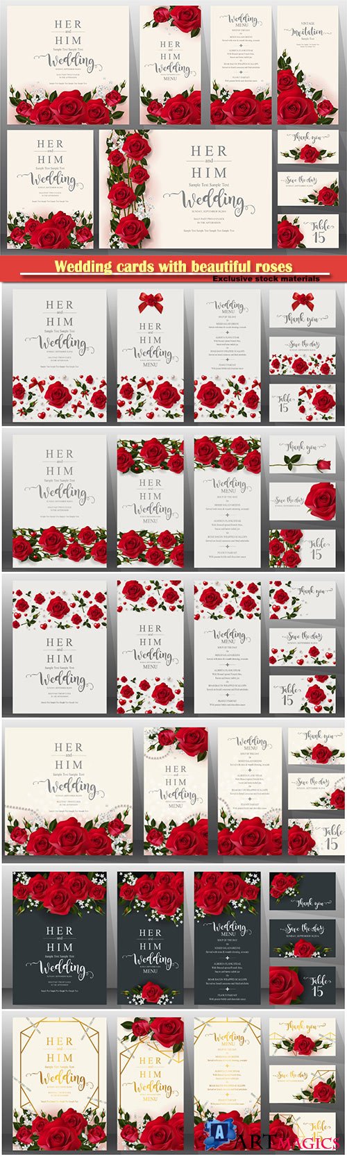 Wedding cards with beautiful roses vector illustration