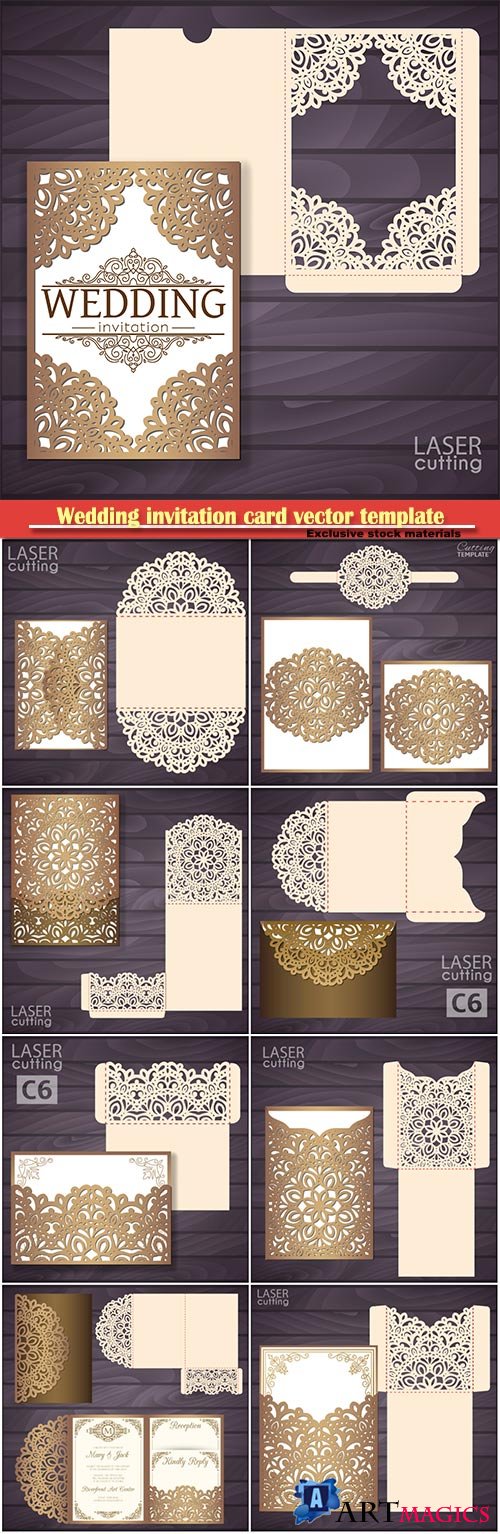 Wedding invitation card vector template, envelope with lace frame
