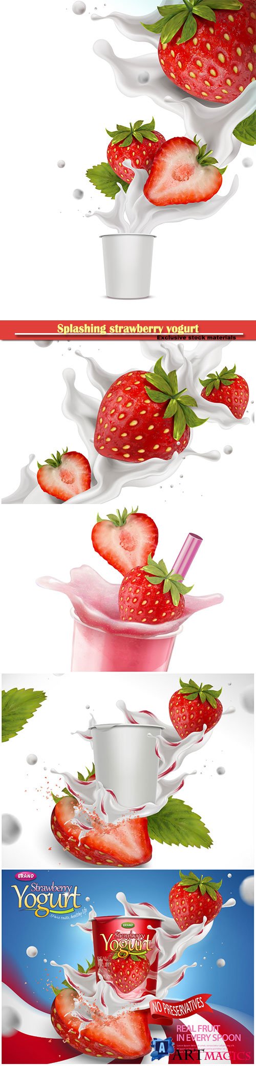 Splashing strawberry yogurt with fresh fruit in 3d illustration