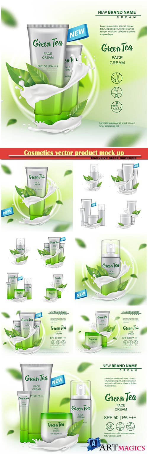Cosmetics vector product mock up with green tea extract advertising for catalog, magazine, cream, gel, body lotion, spray