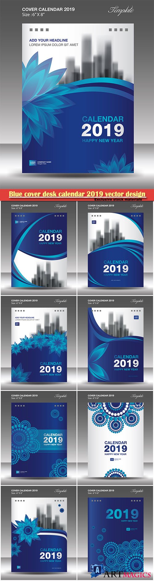 Blue cover desk calendar 2019 vector design template