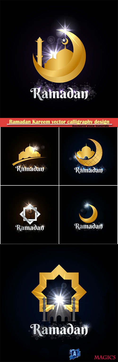 Ramadan Kareem vector calligraphy design with decorative floral pattern, mosque silhouette, crescent and glittering islamic background # 51