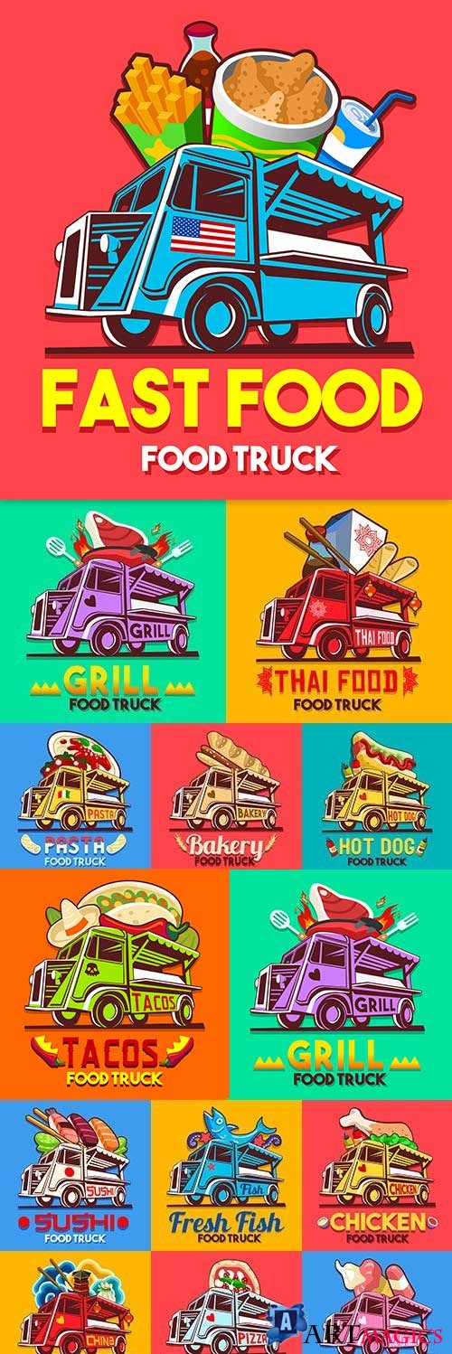 Delivery food modern truck with products label design