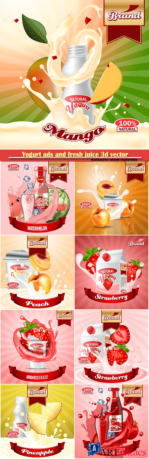Yogurt ads and fresh juice 3d vector illustration for web or magazine