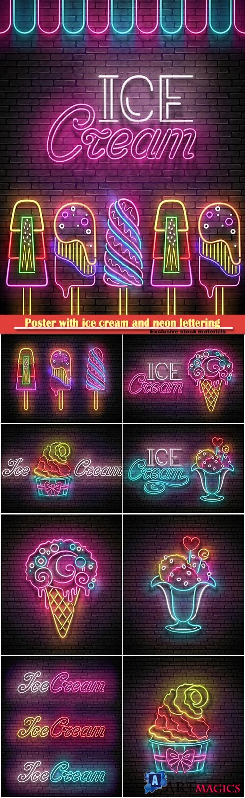 Poster with ice cream and neon lettering, vector 3d illustrator