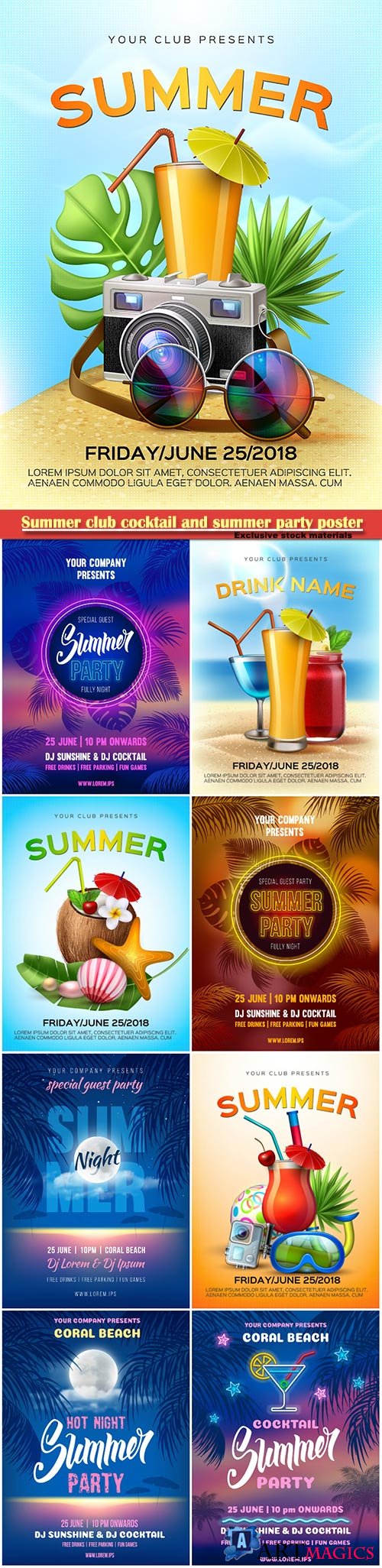 Summer club cocktail and summer night party poster template