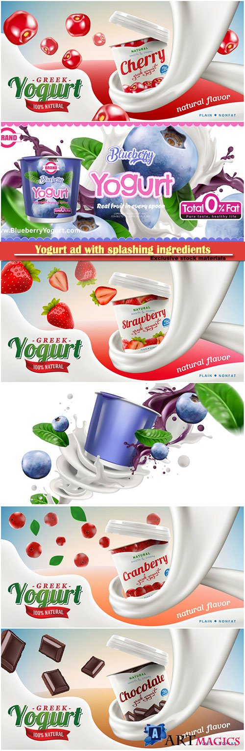 Yogurt ad with splashing ingredients behind commercial vector  in 3d illustration