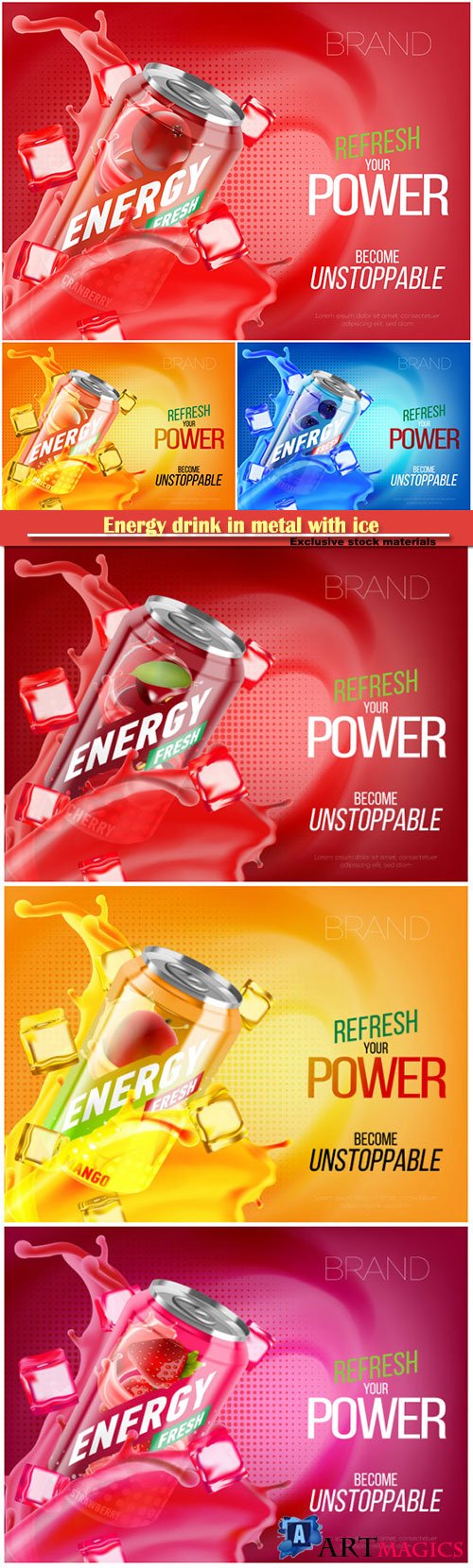 Energy drink in metal with ice and juice splash advertising vector banner