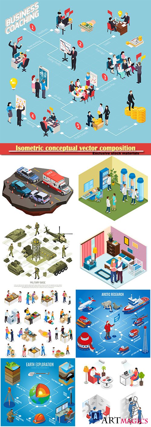 Isometric conceptual vector composition, infographics template, horizontal banners set # 17