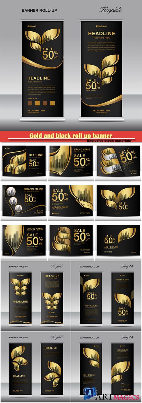 Gold and black roll up banner, billboard design template vector