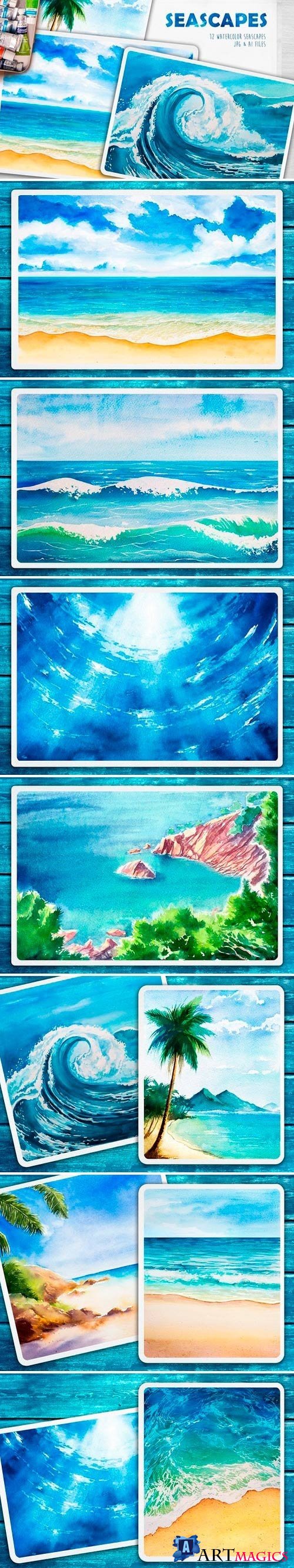 Seascapes. Watercolor illustrations - 1432806