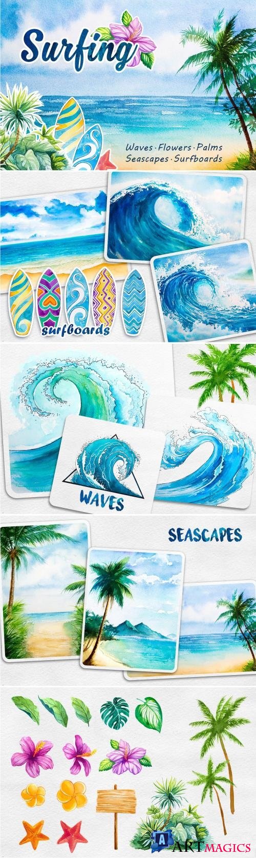 Surfing. Watercolor set - 1636594