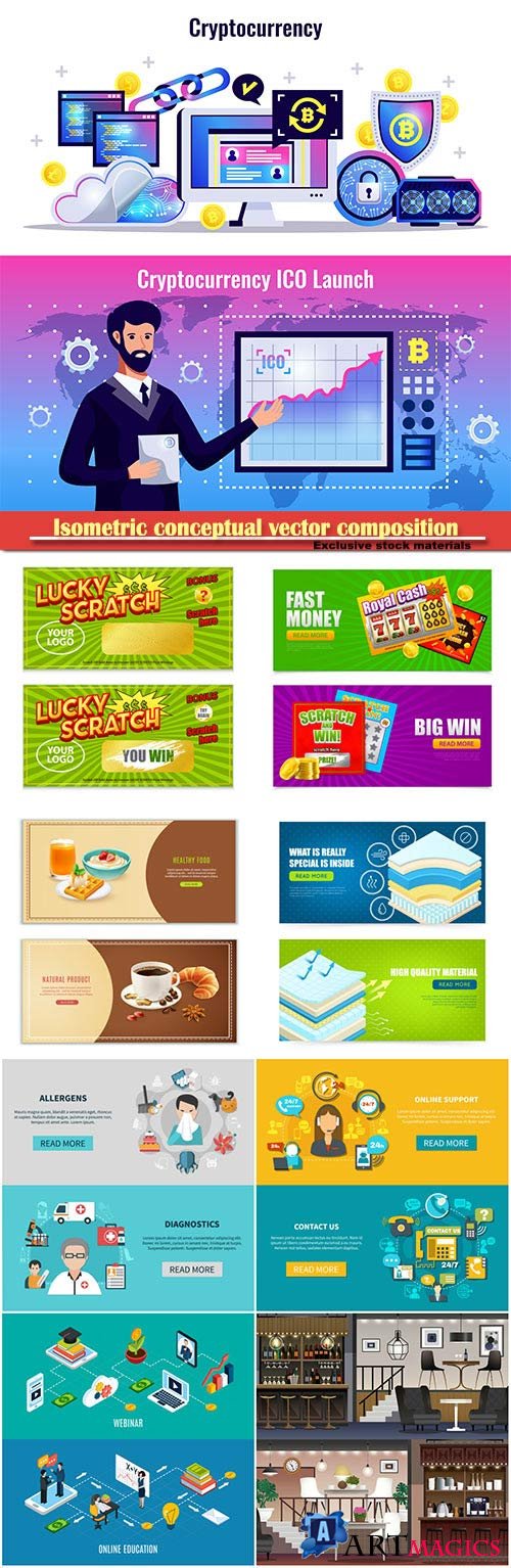 Isometric conceptual vector composition, infographics template, horizontal banners set # 18