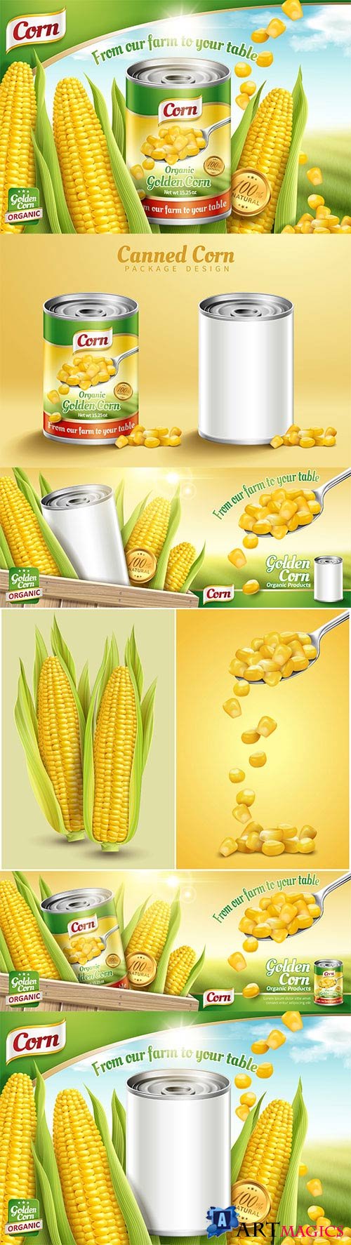 Organic canned corn ads in 3d vector illustration