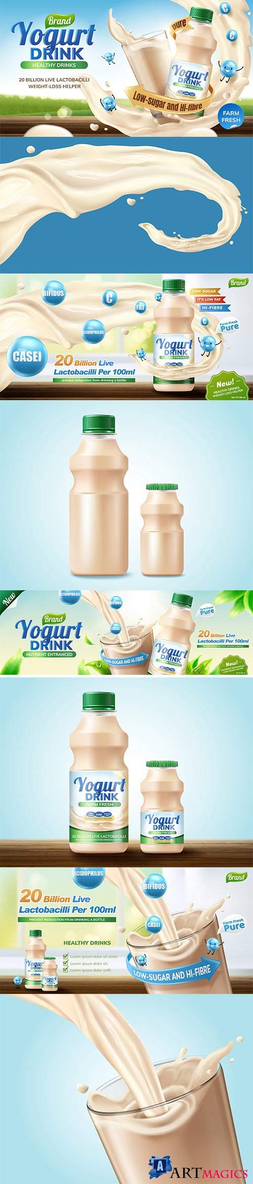 Bottled probiotic or yogurt drink in 3d vector illustration