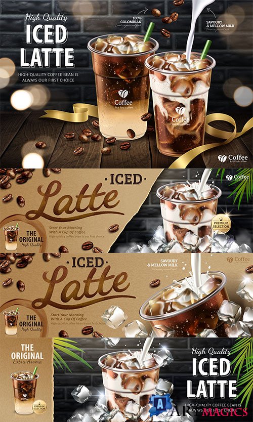 Iced latte ads in 3d vector illustration