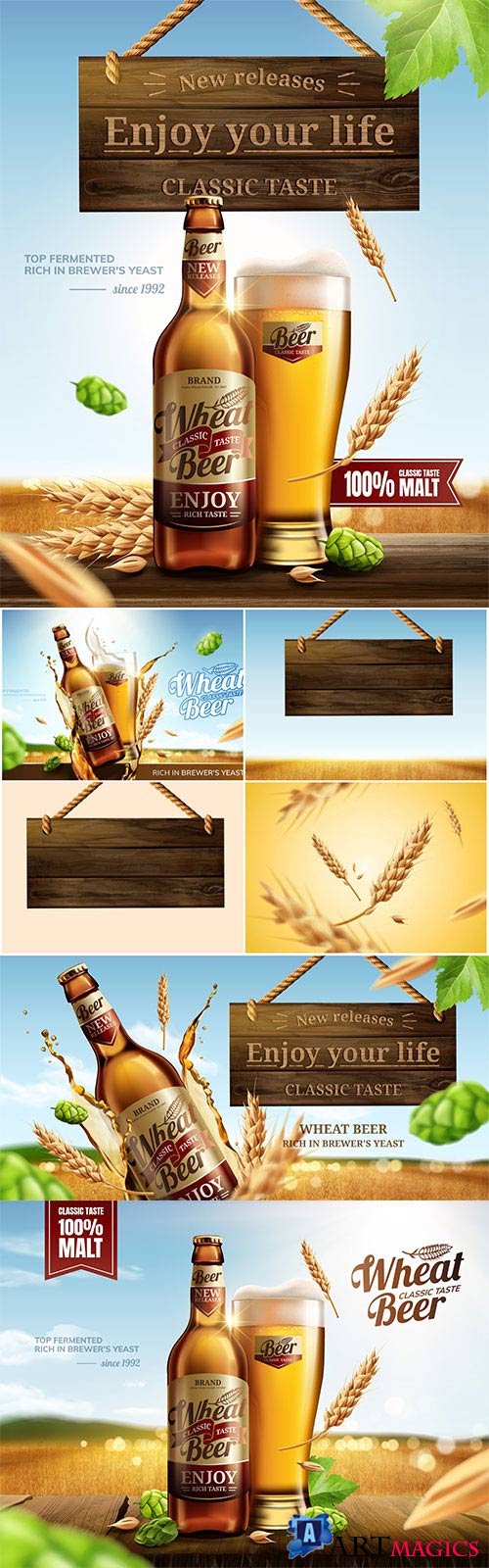Attractive glass bottle wheat beer in 3d vector illustration