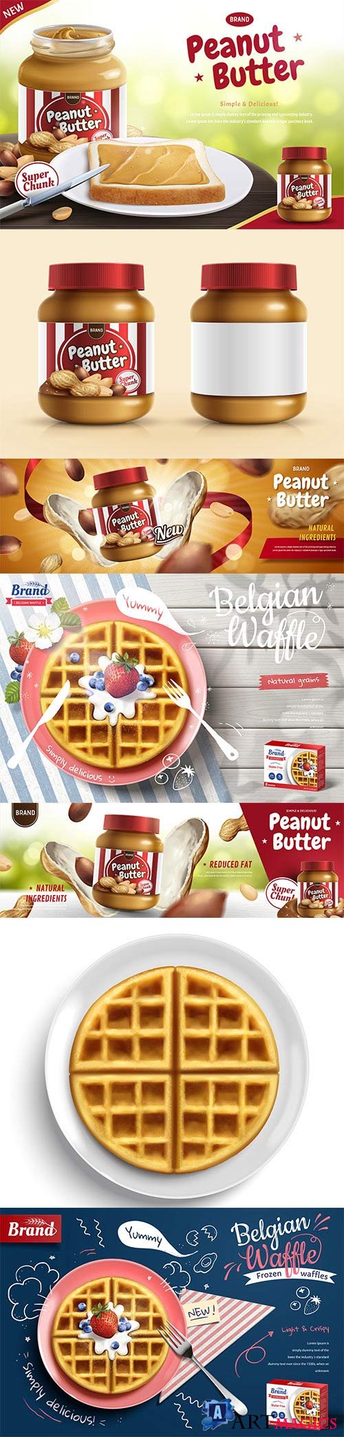Peanut butter spread ads and waffle ads with fruit in 3d vector illustration