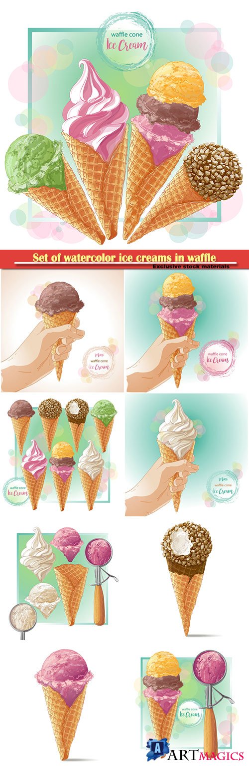 Set of watercolor ice creams in waffle cones, vector illustration