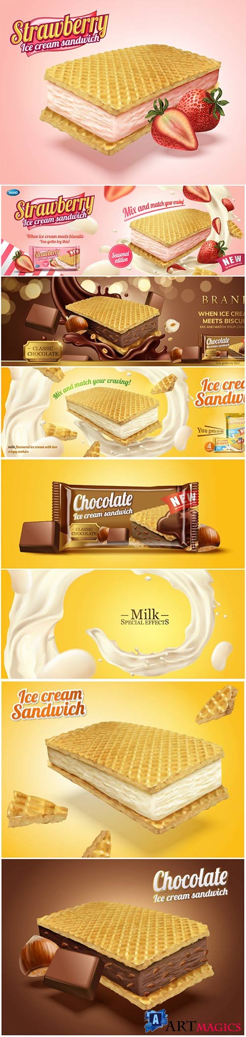 Milk flavoured ice cream sandwich with wafer cookies in 3d illustration