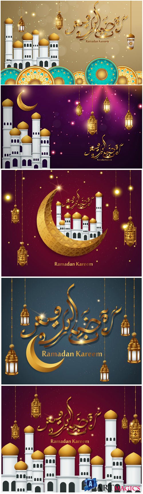 Ramadan Kareem vector calligraphy design with decorative floral pattern, mosque silhouette, crescent and glittering islamic background # 59