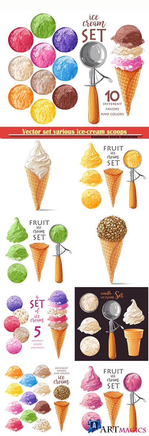 Vector set various ice-cream scoops in waffle cones with assorted balls of vanilla, citrus, strawberry, mint, chocolate