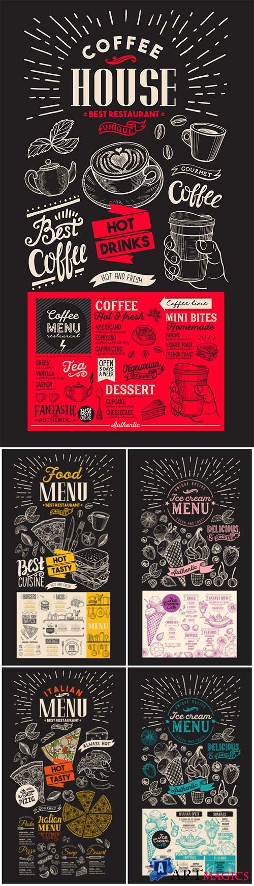 Vector food restaurant menu, design template with vintage hand-drawn flyer for bar and cafe # 2