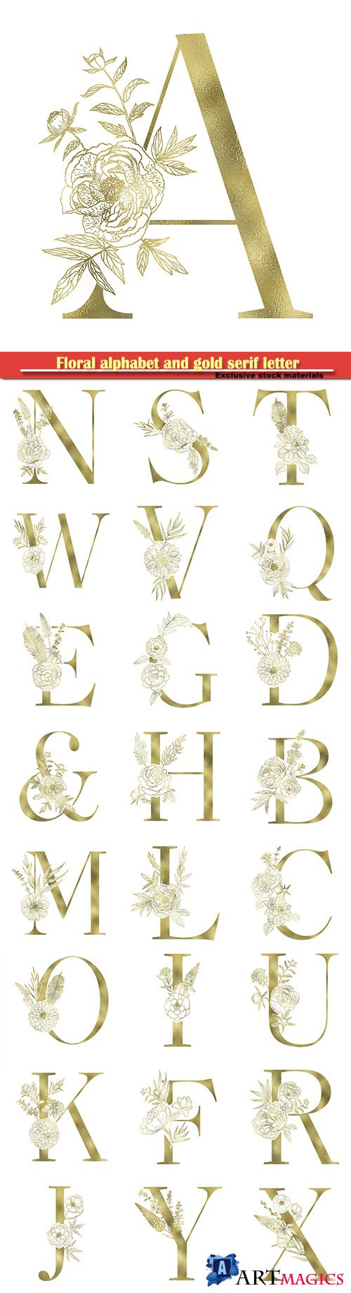 Floral alphabet and gold serif letter, vector decorative ABC