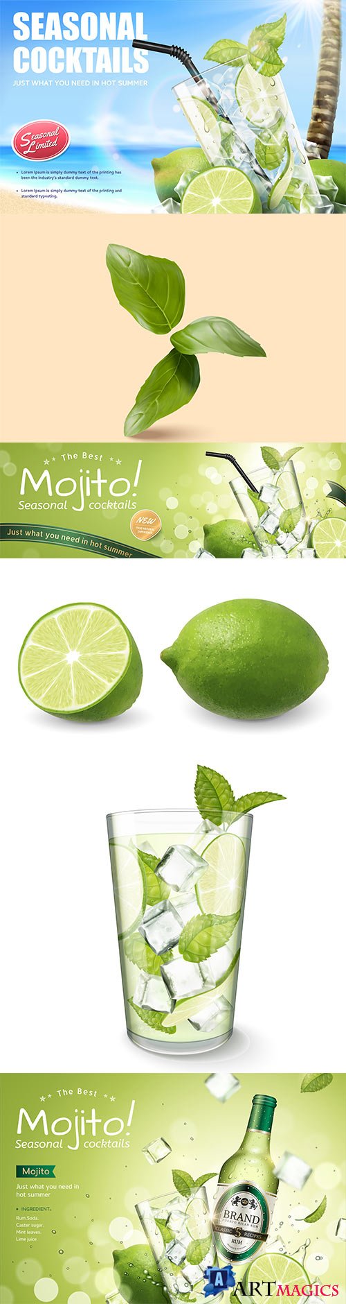 Seasonal cocktail mojito drinks, vector 3d illustration