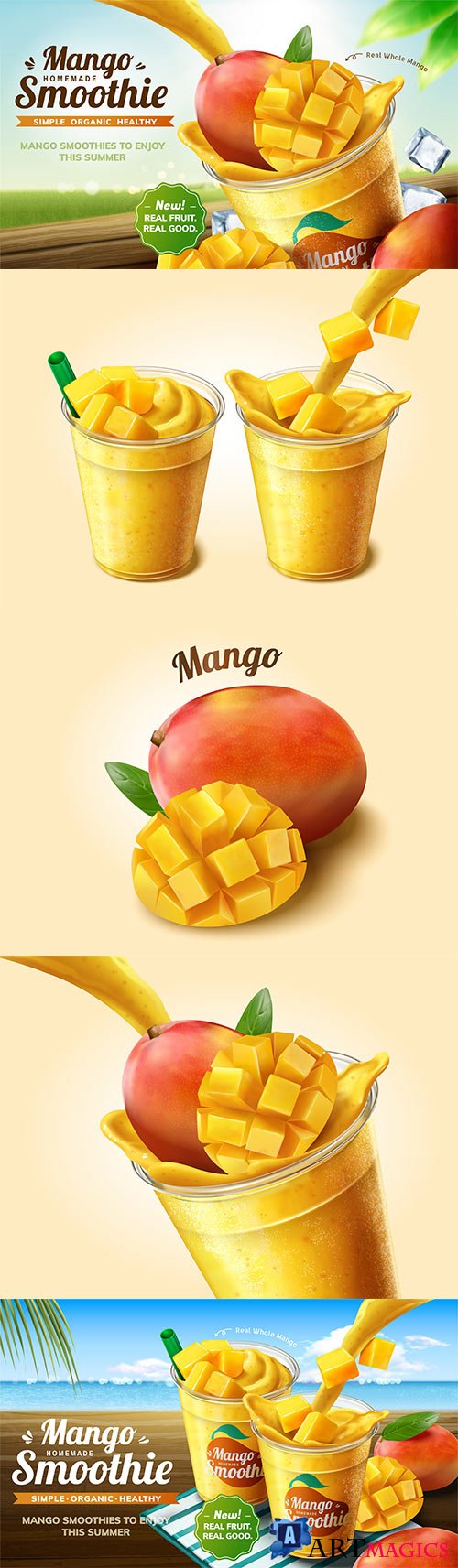 Summer mango smoothie ads, vector 3d illustration