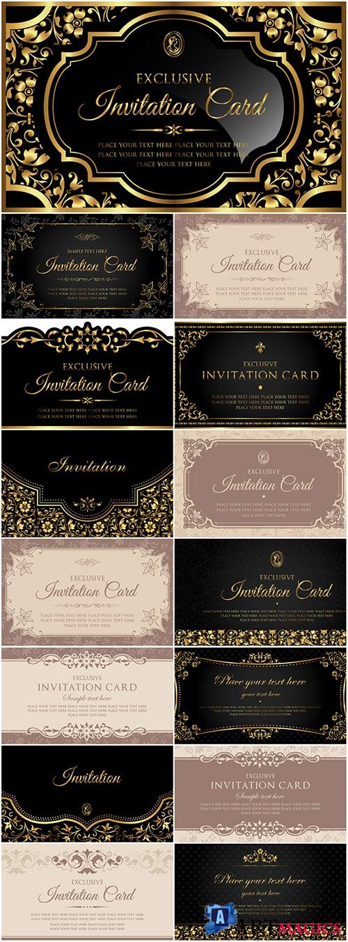 Invitation luxury vector card design, black and gold vintage style