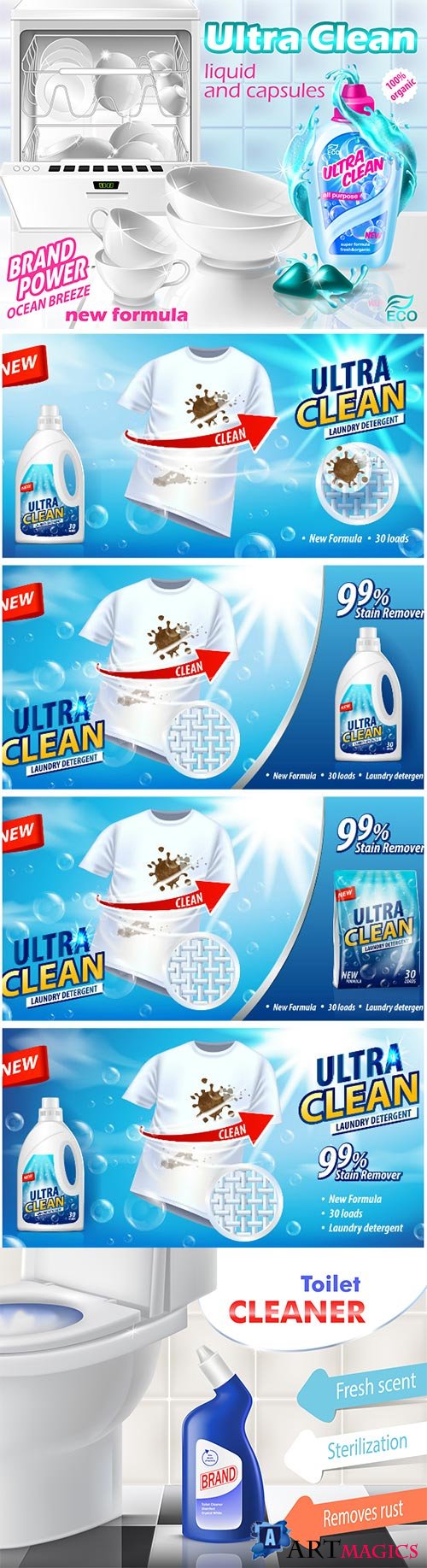 Mockup for brand advertising vector design, laundry detergent, liquid cleaner and capsules for dishwasher