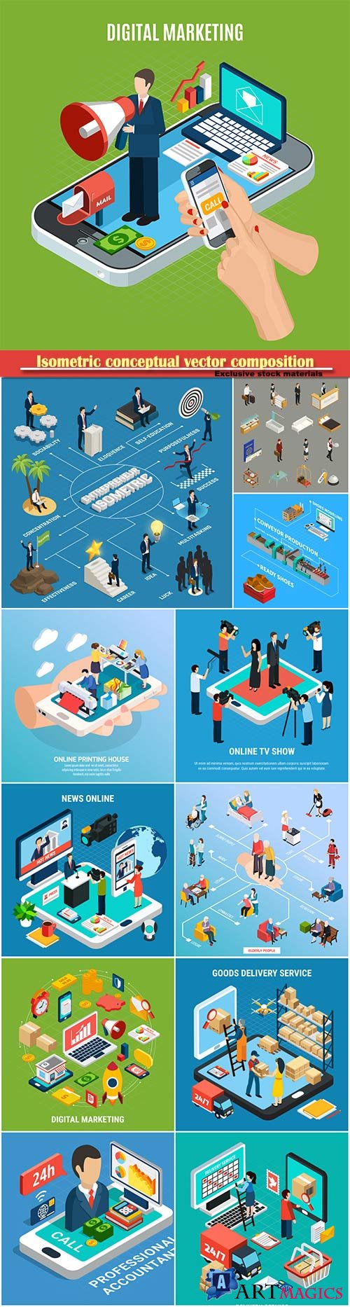 Isometric conceptual vector composition, infographics template # 21