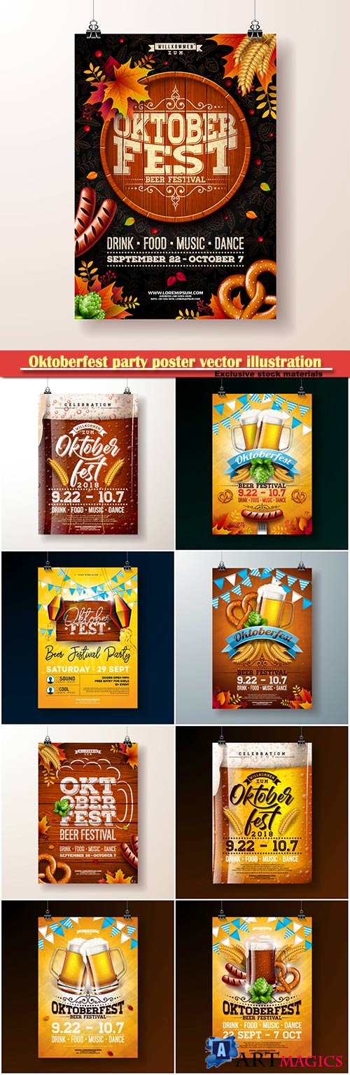Oktoberfest party poster vector illustration, celebration flyer template for traditional German beer festival