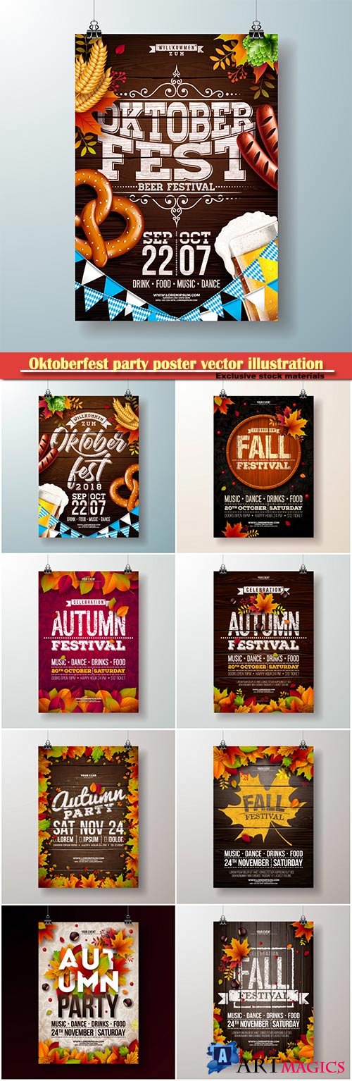 Oktoberfest party poster vector illustration , fresh beer, pretzel, sausage and falling autumn leaves, beer festival