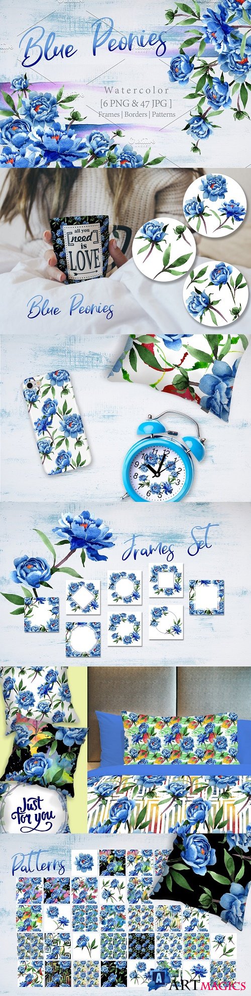 Cool blue Peonies PNG watercolor flower set - 2891465