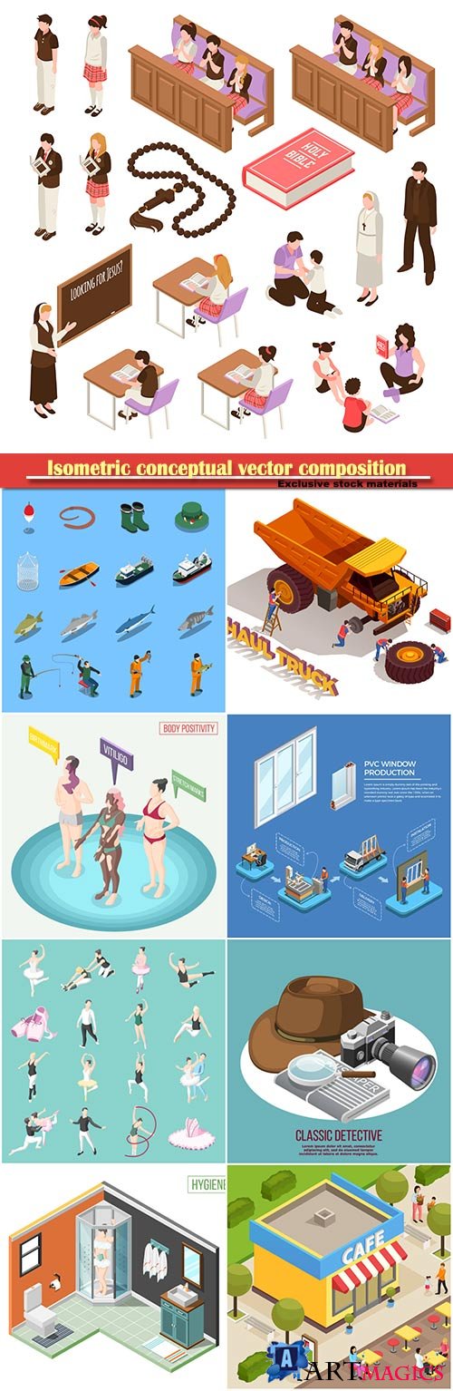 Isometric conceptual vector composition, infographics template # 29