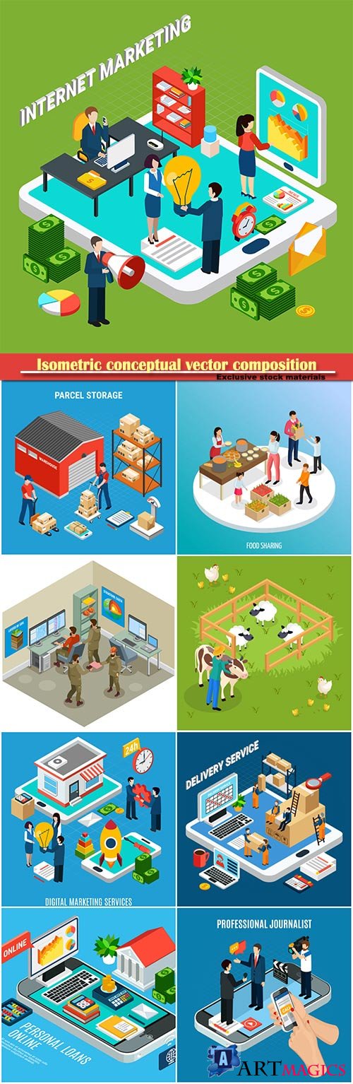 Isometric conceptual vector composition, infographics template # 33