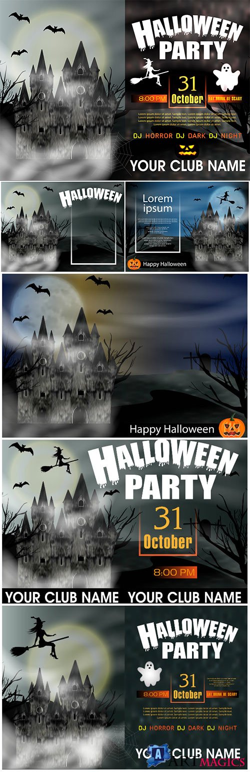 Halloween vector background night with flying young witch to background full moon