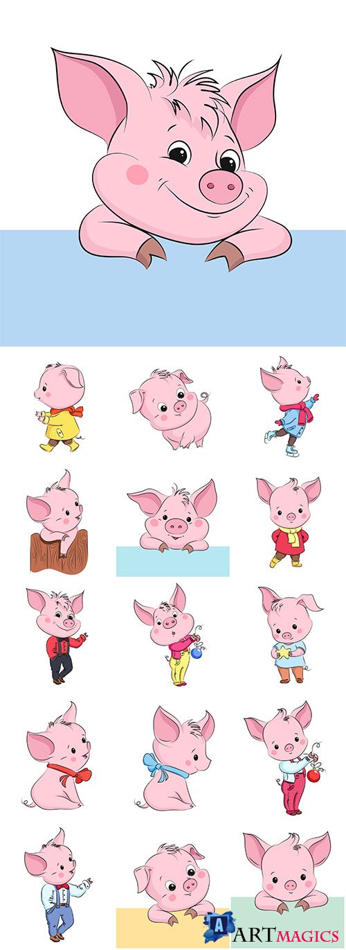 Cute little vector pig, cartoon vector character