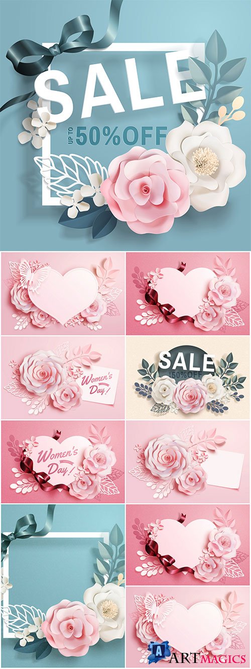 Romantic floral paper art frame vector illustration