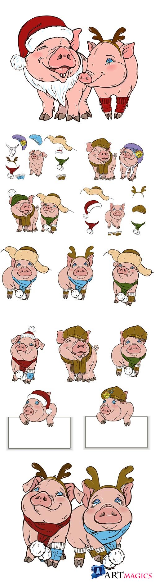 Pigs in Christmas costumes, vector illustration