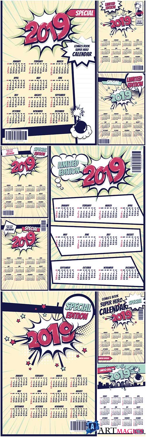 2019 retro comic book vector calendar